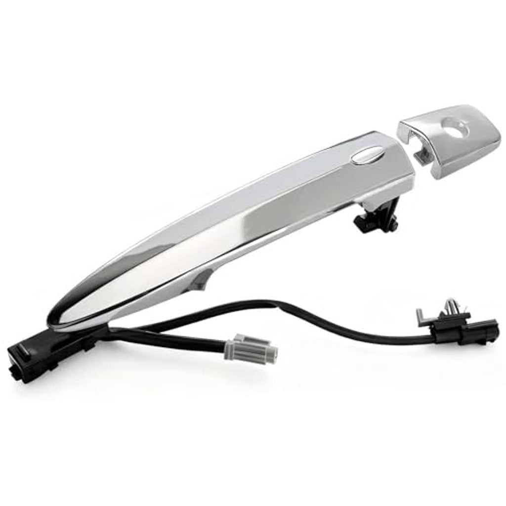 Chrome exterior door handle with attached connector wires and black mounting clips