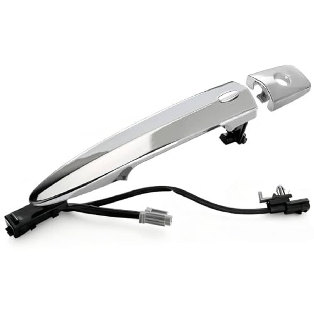Chrome exterior door handle with attached connector wires and black mounting clips