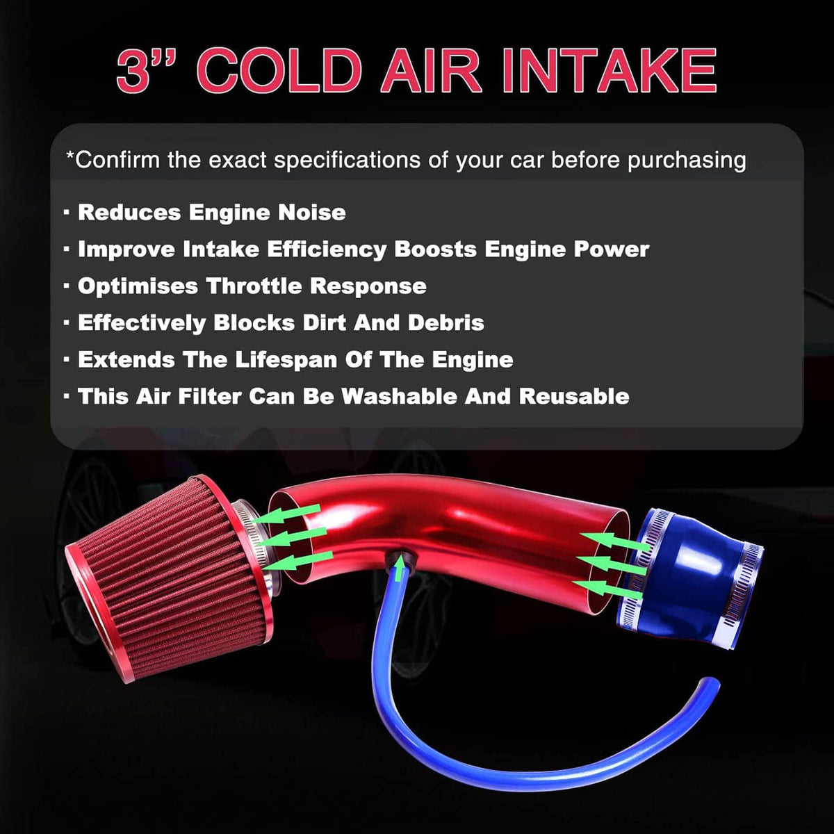 3-inch cold air intake induction kit showing red intake pipe and blue silicone coupler
