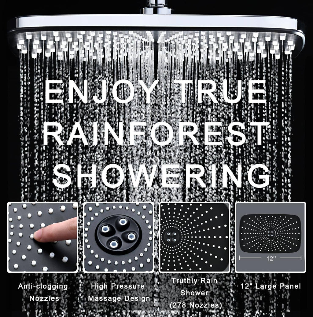 Large chrome rain shower panel with dense nozzle array for heavy rainfall coverage