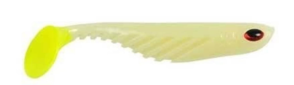 Soft plastic shad fishing bait, translucent white body with neon chartreuse tail