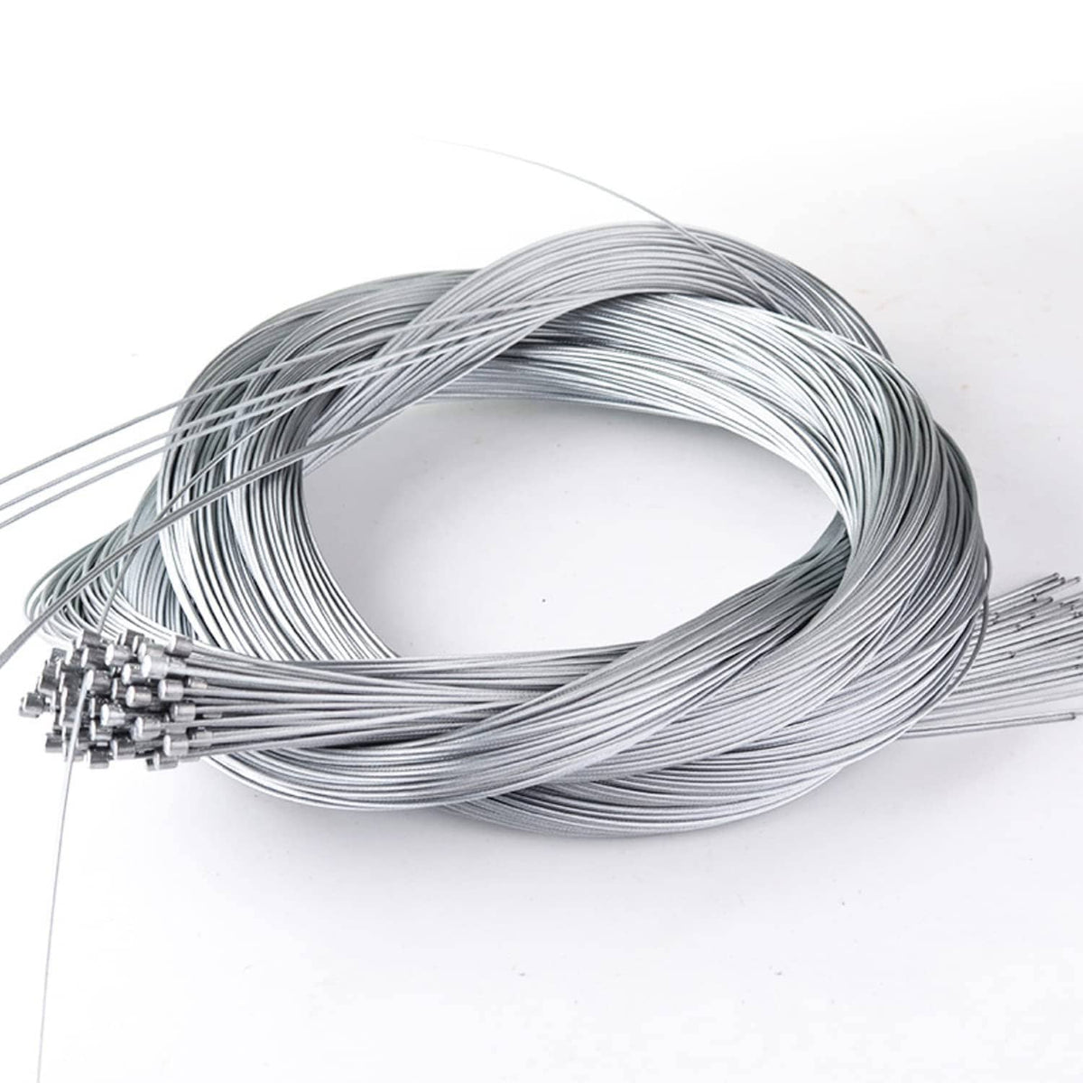 Coiled stainless steel shifter cable set with crimped end fittings, silver
