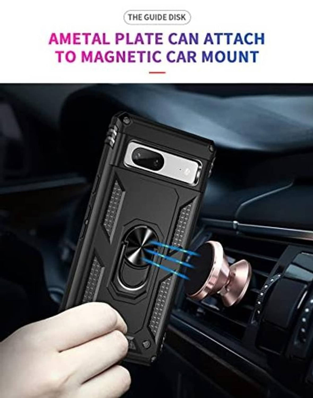 Rugged black phone case with metal ring kickstand for magnetic car mounting