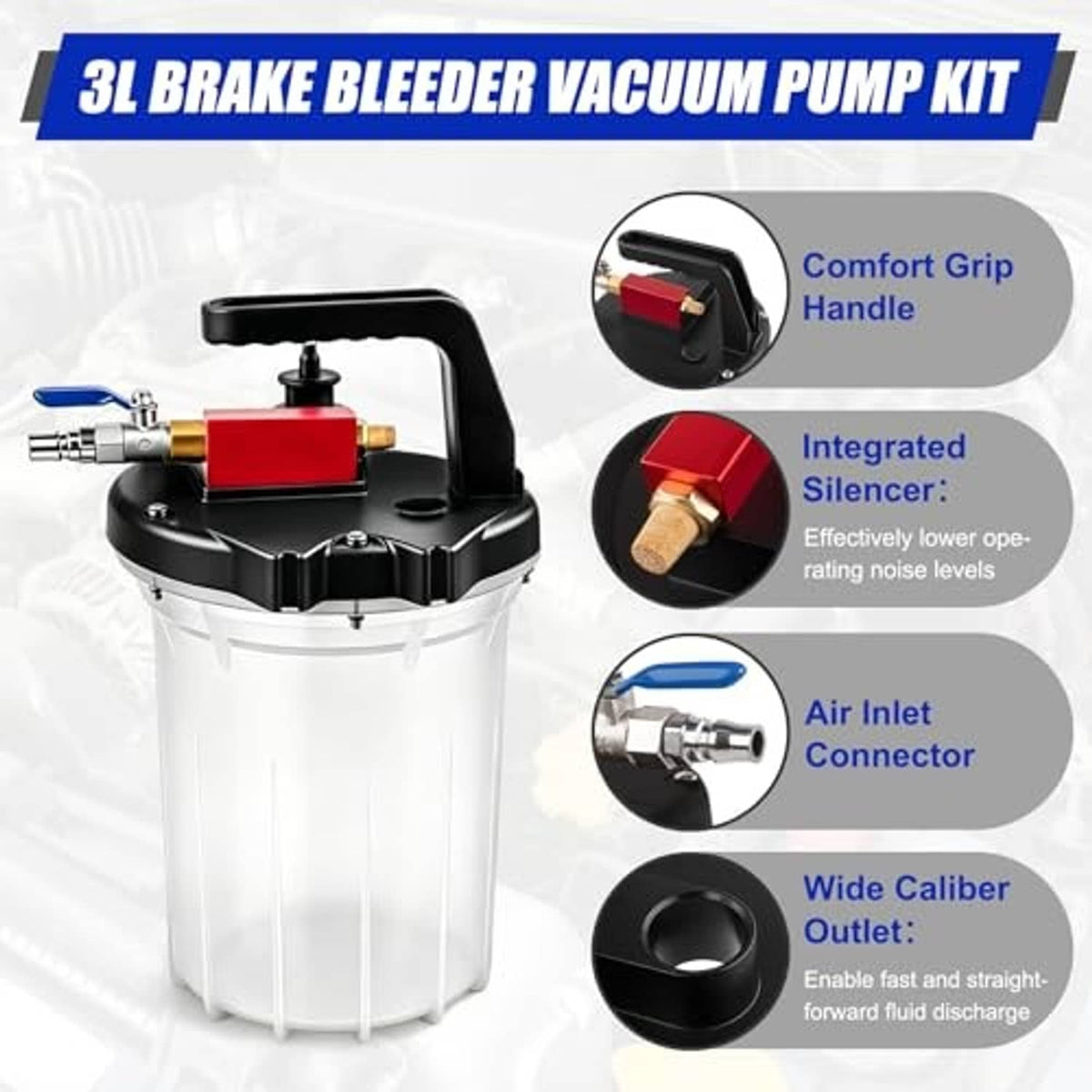 Vacuum brake bleeder vacuum pump kit with black handle, red control, and white reservoir