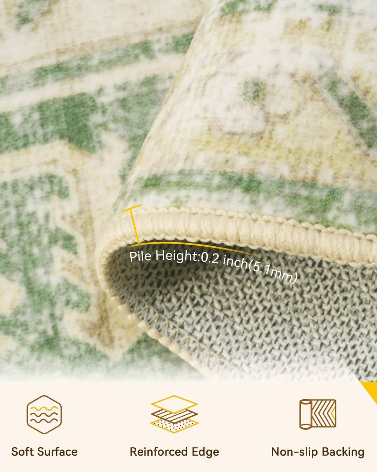 Close-up of green-and-cream area rug edge and low pile texture, reinforced binding