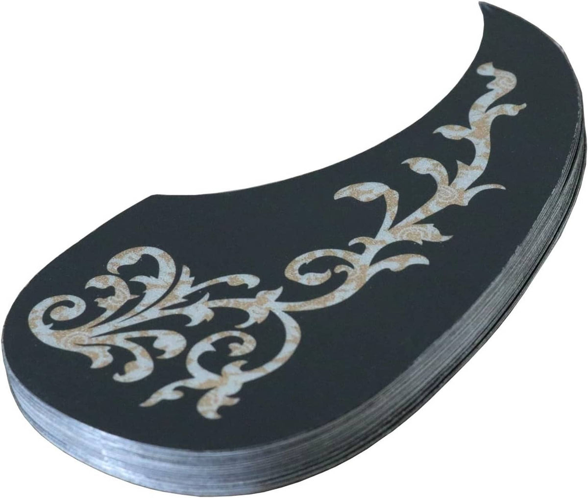 Acoustic guitar pickguard anti-scratch guard plate, black curved shape with cream floral scroll