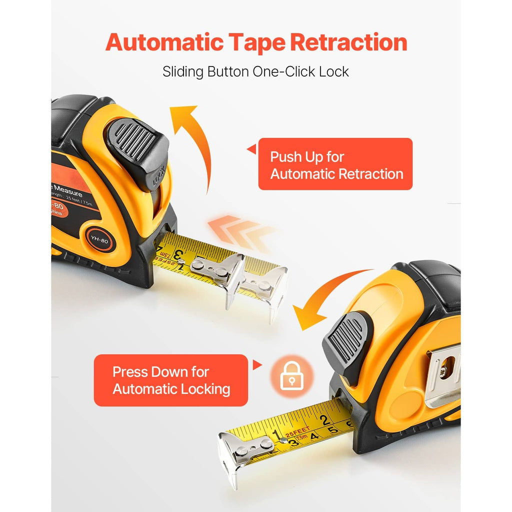 Retractable tape measure showing push button lock and automatic retraction action.