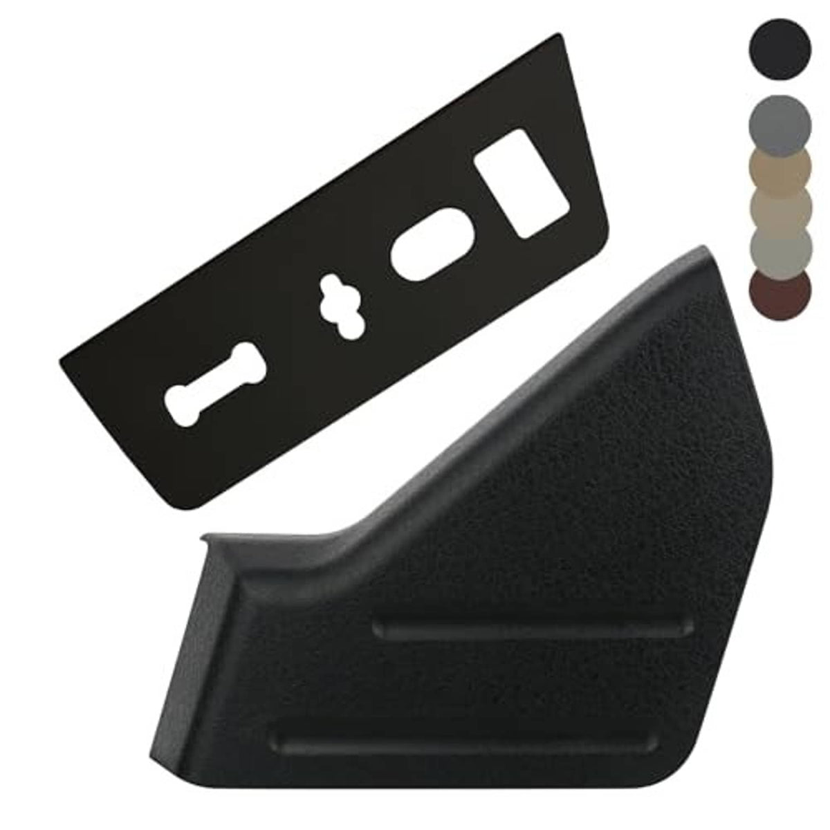 Angled view: black seat trim panel bezel with switch icon cutouts