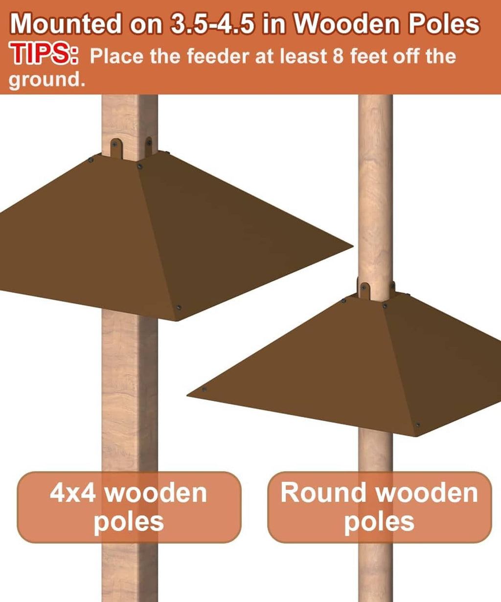 Brown metal squirrel baffle mounted on square wooden pole with side wing panels