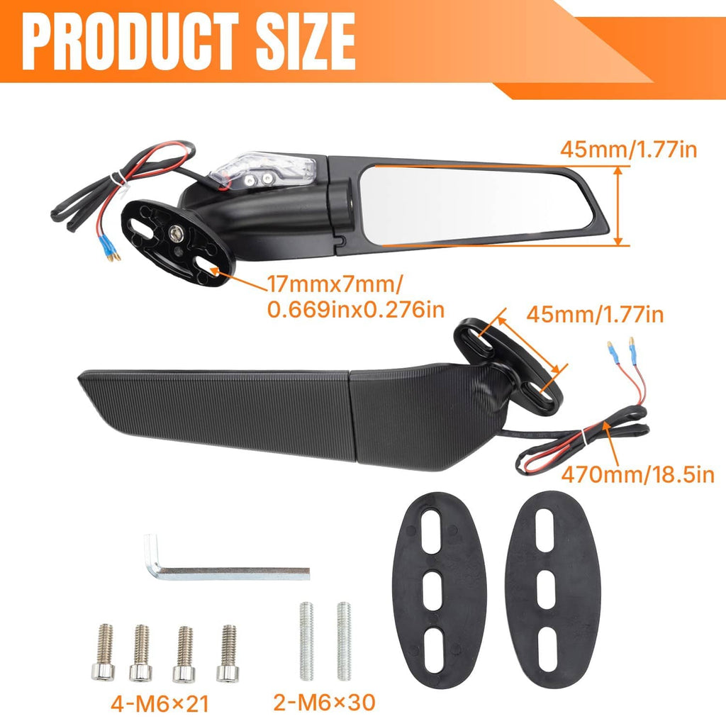Motorcycle rearview wind wing mirrors with amber turn signal lights, black housing and cables.