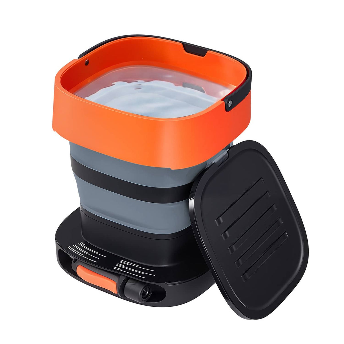 Portable cordless pressure washer with open top and side nozzle cover, orange/black