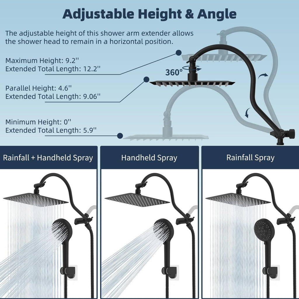 Adjustable shower arm extender with 360° rotation and rainfall/handheld sprayers