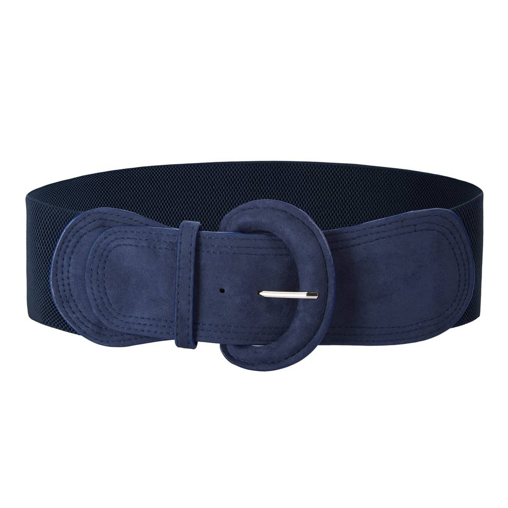 Navy suede wide elastic waist belt with round hook buckle