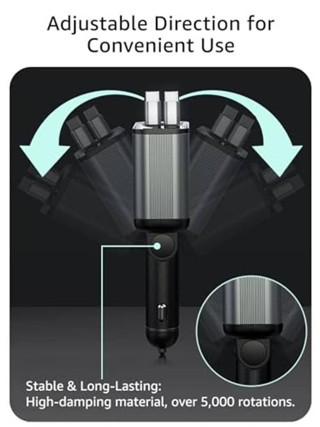 Retractable car USB-C charger with adjustable direction connector and two plug ports