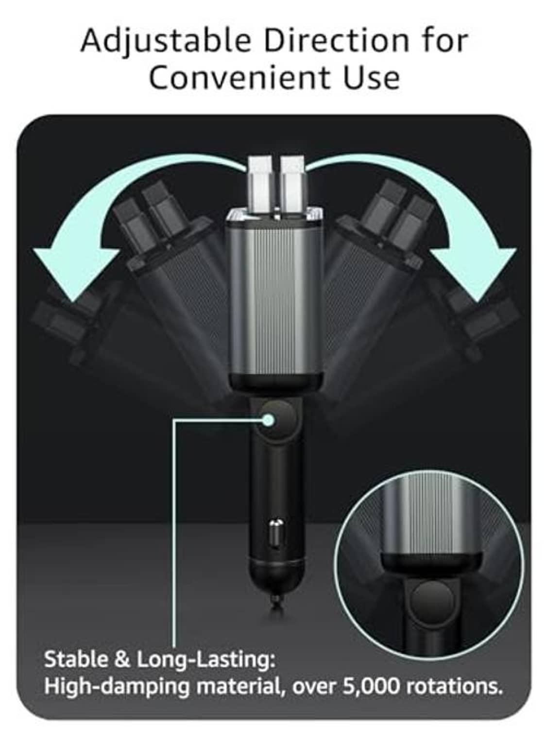 Retractable car USB-C charger with adjustable direction connector and two plug ports