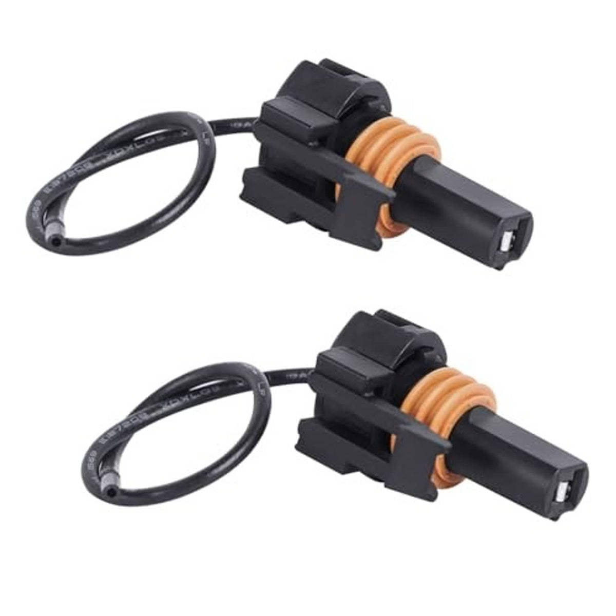 Dual wire connector pigtails, black housings with orange coil and looped cable