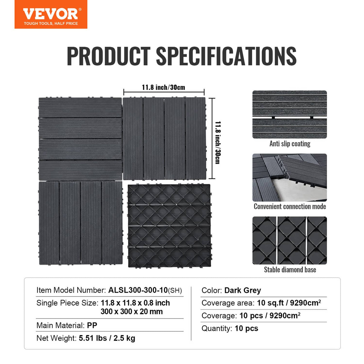Square dark grey deck tile set with interlocking tabs and textured ribbed surface
