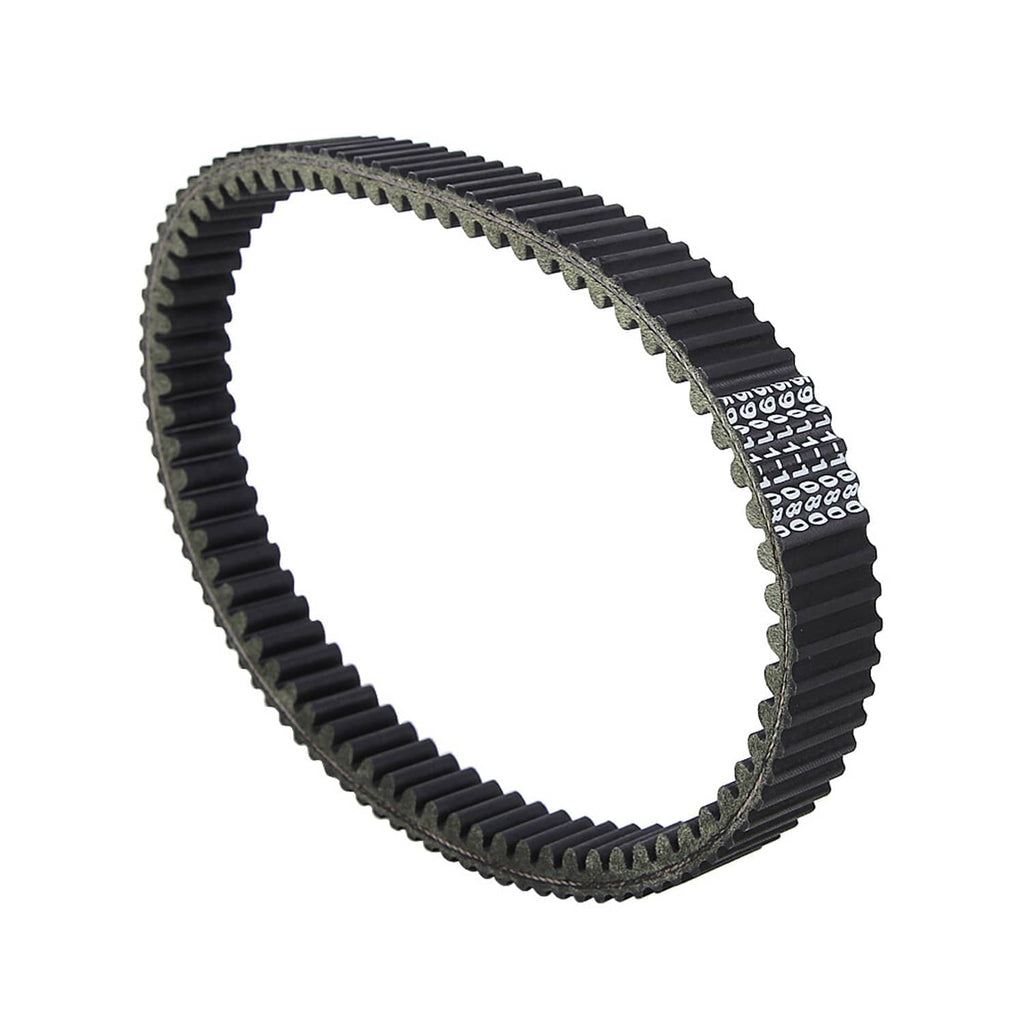 Angled view of black toothed drive belt loop with side lettering and ribs