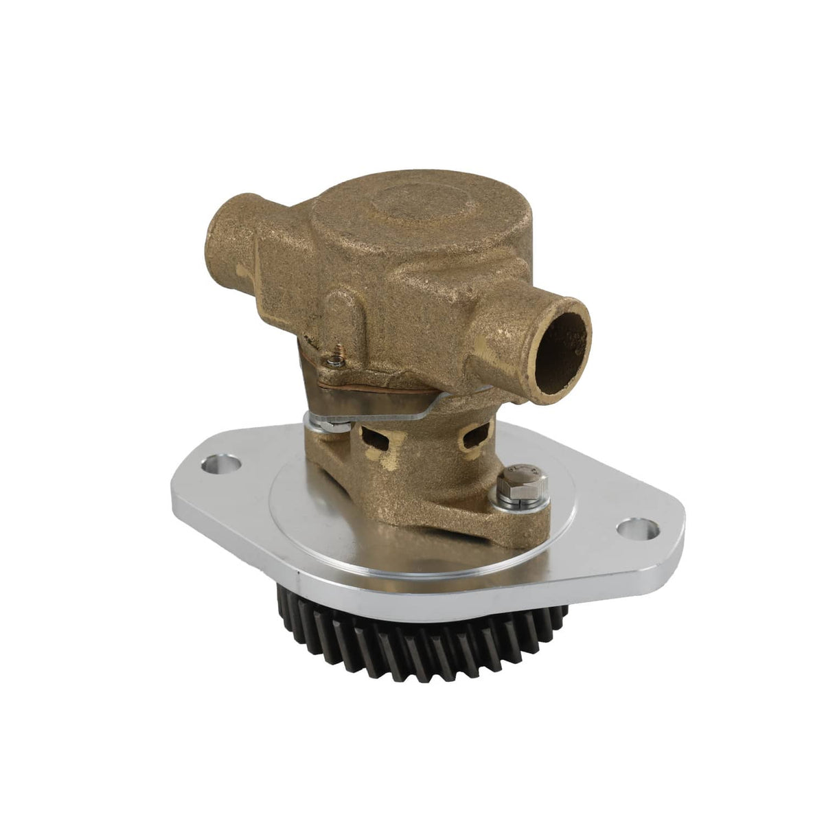 Raw water pump angled view with bronze housing, mounting flange, and gear wheel