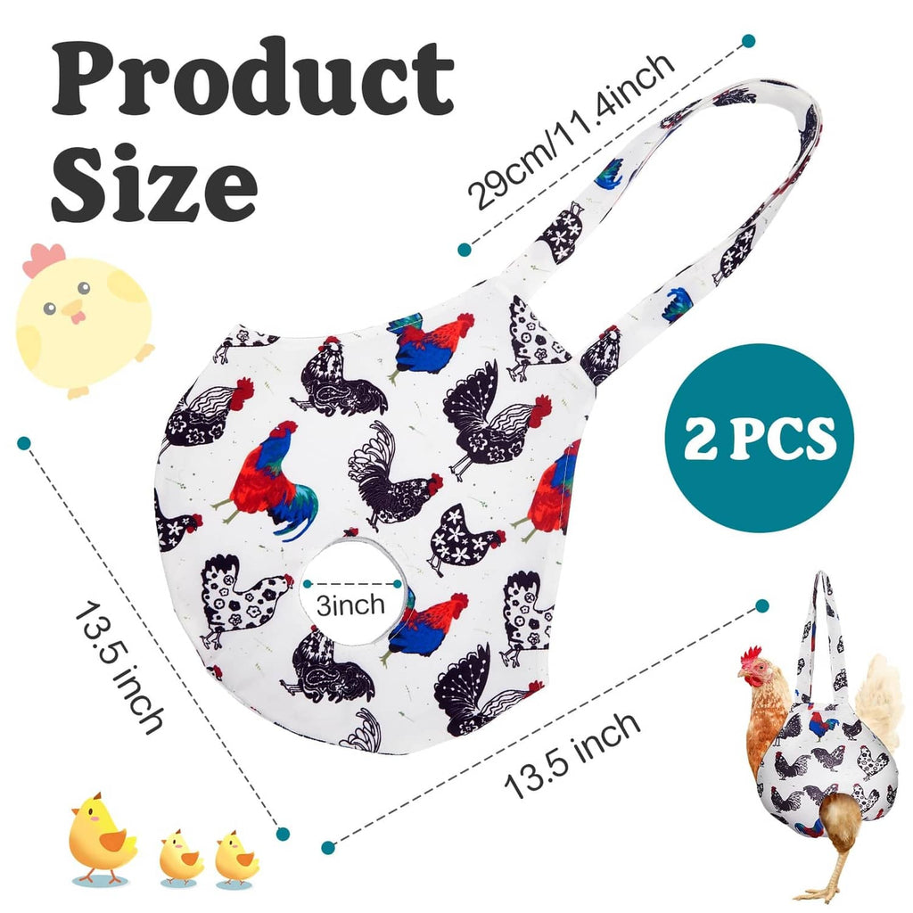 Chicken carrier tote, white with rooster pattern, front view with size diagram