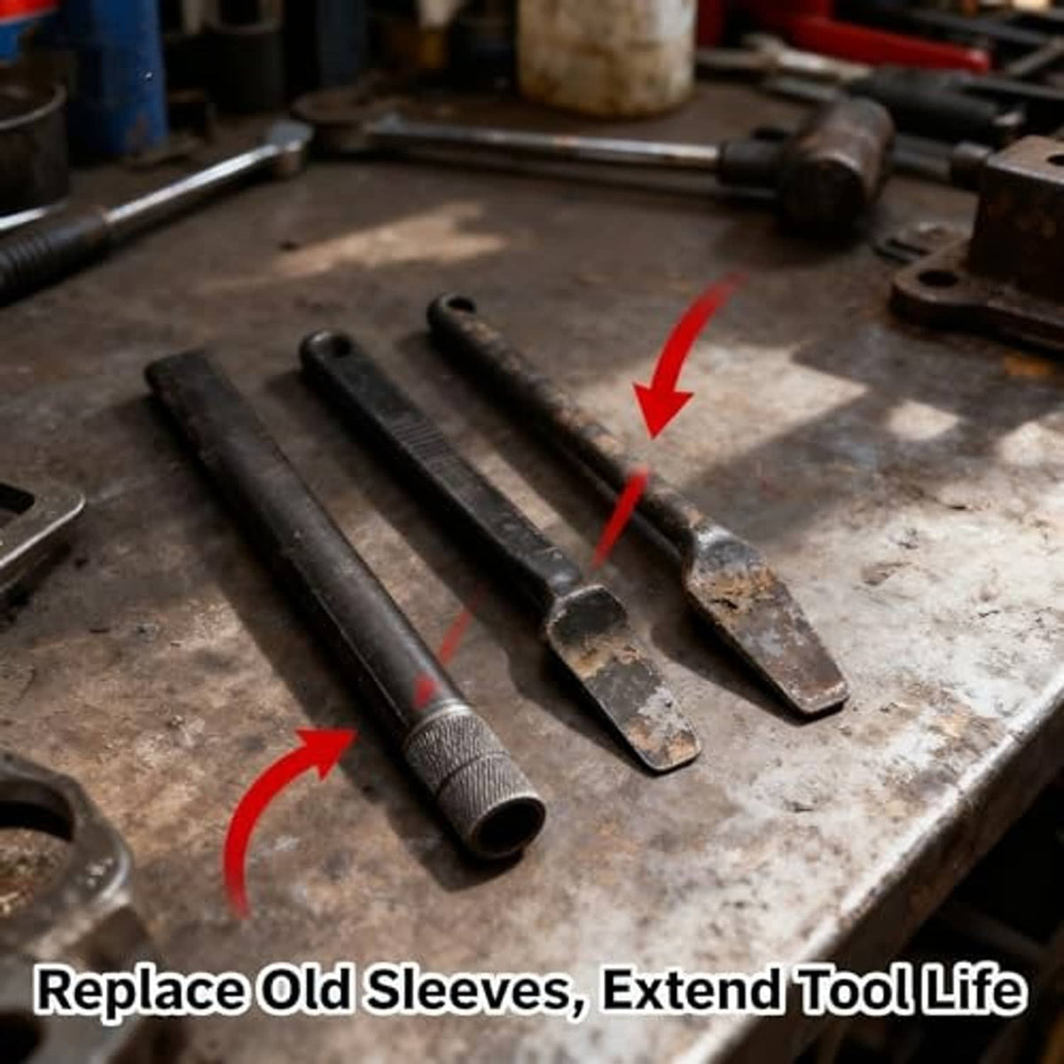 Replacement tire pry bar sleeves on a workbench, three long black pieces