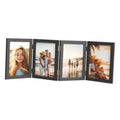 Black 4-photo folding picture frame with hinged panels, displaying four 4x6 photos