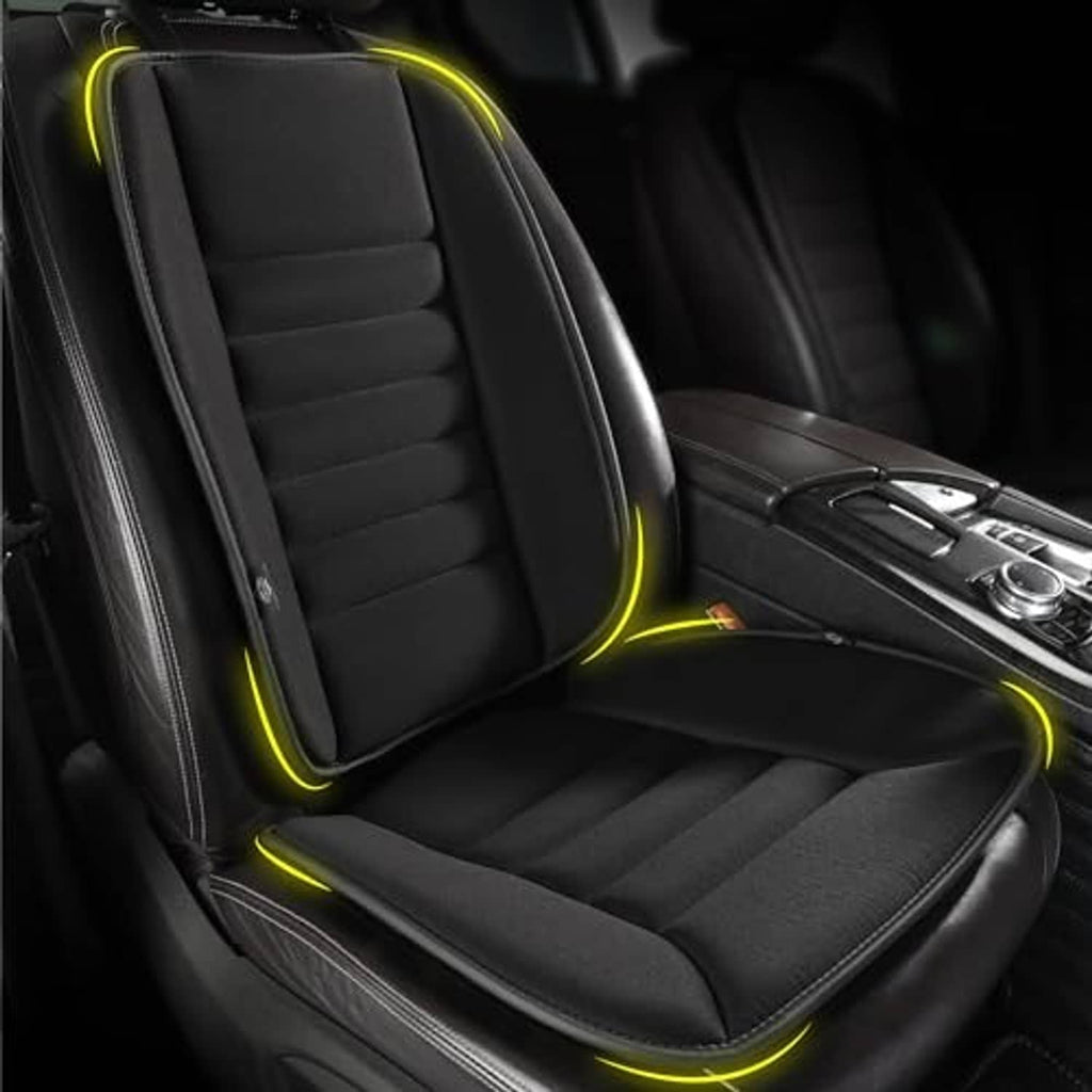 Black car seat cushion with back support pillow and contoured seat padding for support