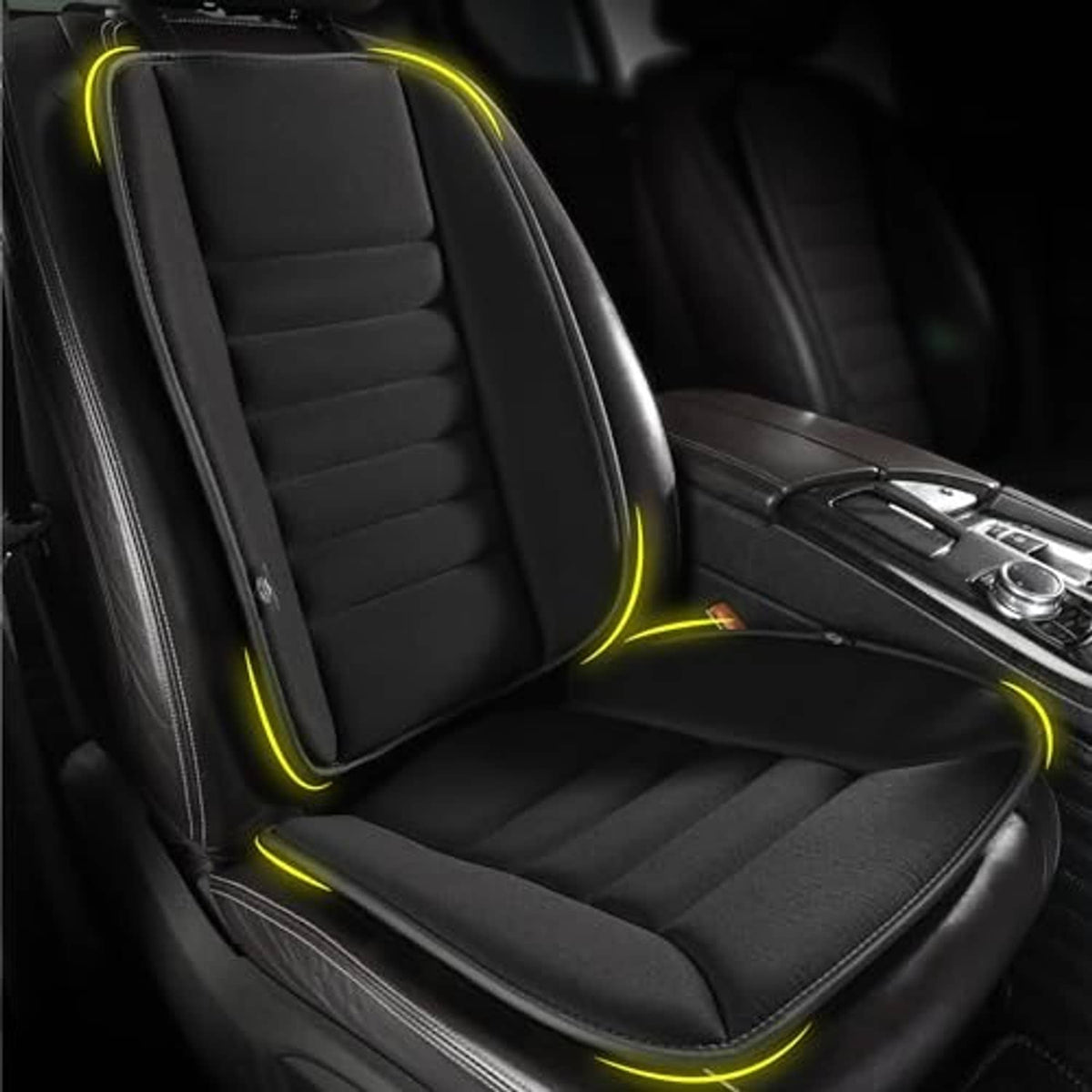 Black car seat cushion with back support pillow and contoured seat padding for support
