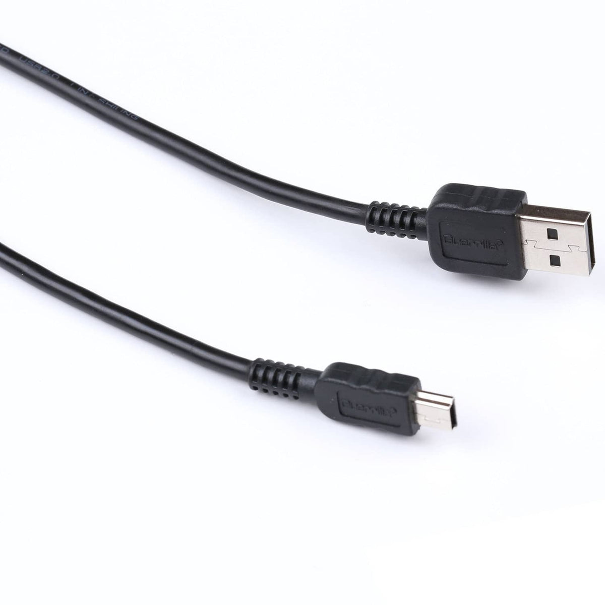 Black USB cable ends: USB Type A to mini-B connector, molded caps.
