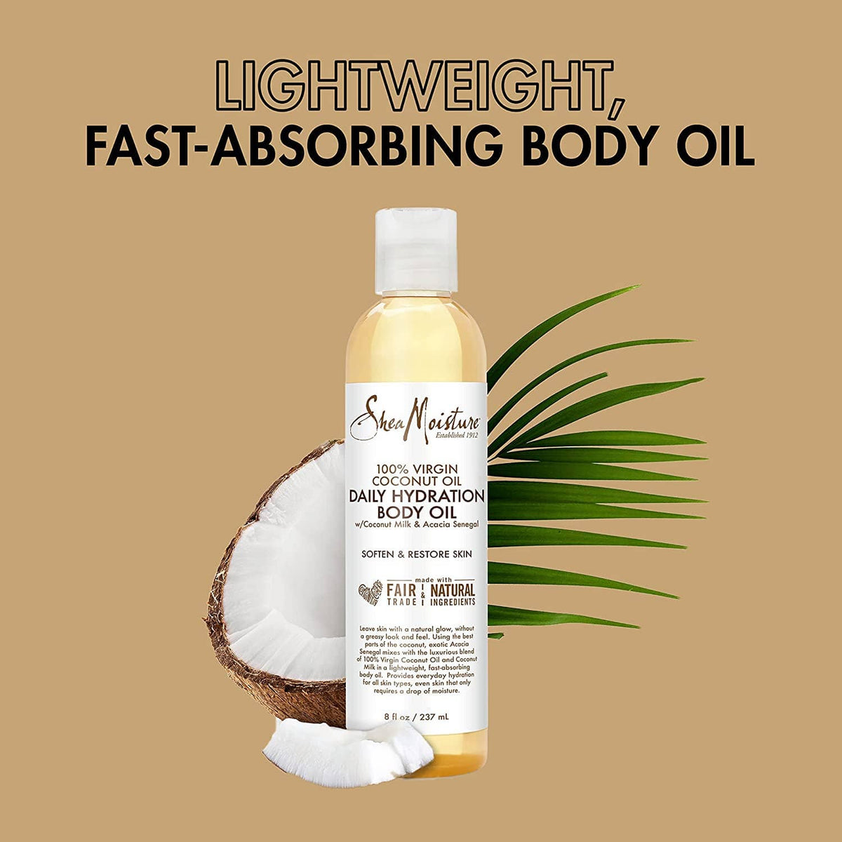 Lightweight fast-absorbing body oil bottle with coconut and green palm fronds