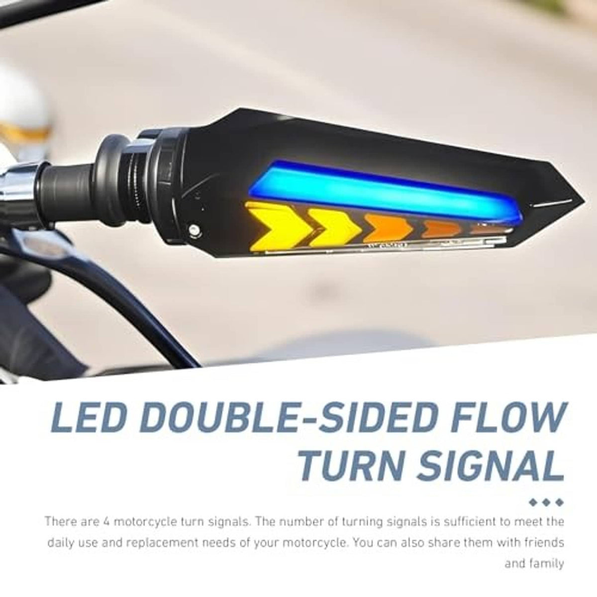 Motorcycle LED turn signal mounted on handlebar, black arrow housing with blue and yellow LEDs