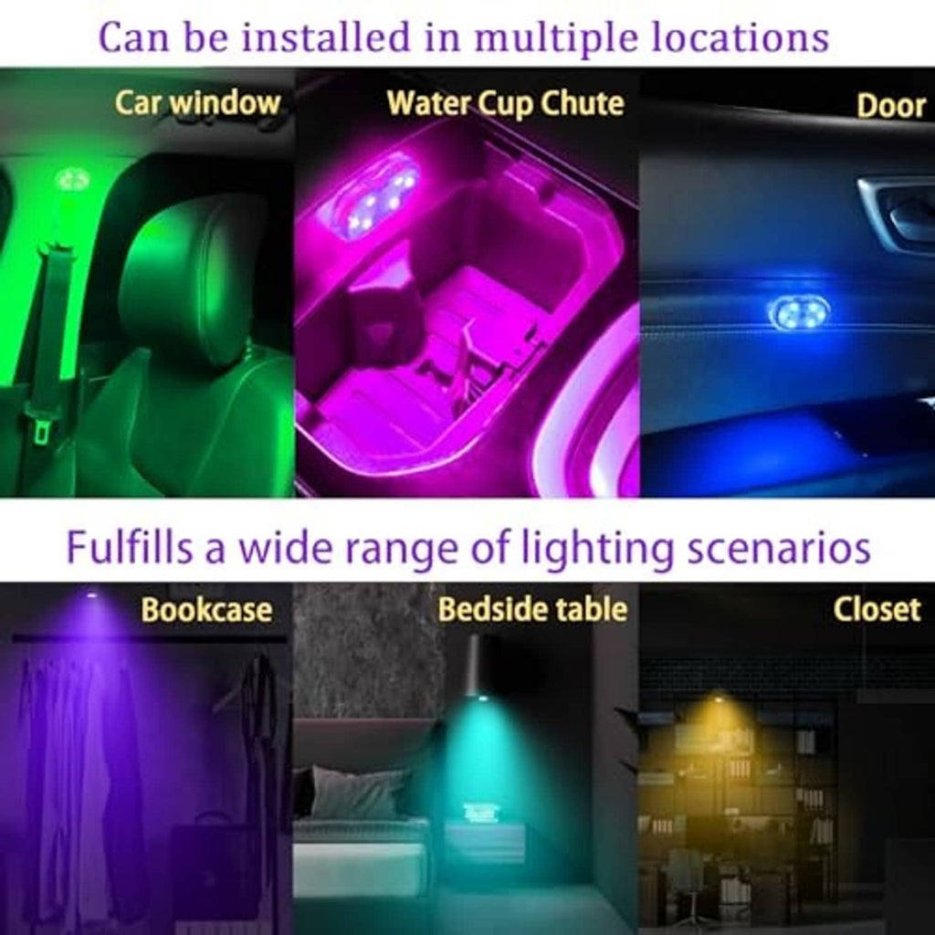 Car interior LED lights with multi-color glow effects on door, window, and cup chute