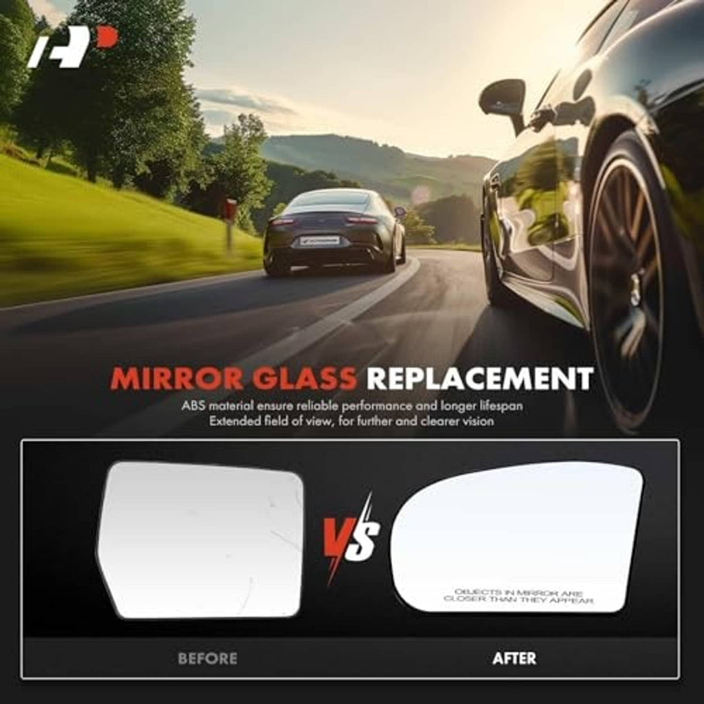 Side mirror glass replacement with clear lens and black frame, before-and-after