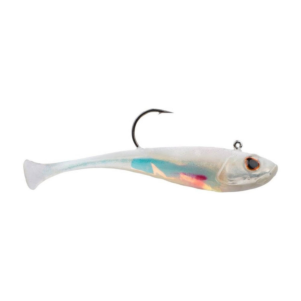 3-inch white wizard soft plastic fishing bait, shad-shaped with treble hook