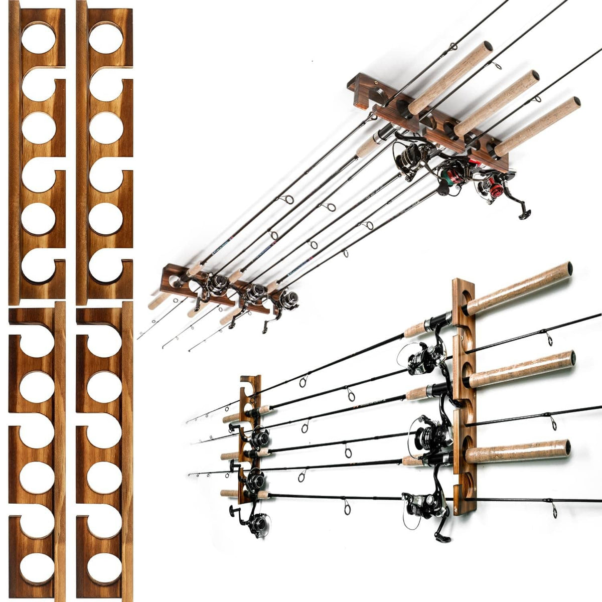 Brown fishing pole rod rack with wall-mounted wooden board and multiple rod holders