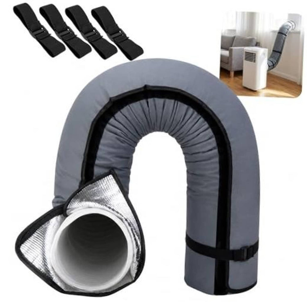 Dark grey air conditioner hose cover with reflective insulation and black securing strap