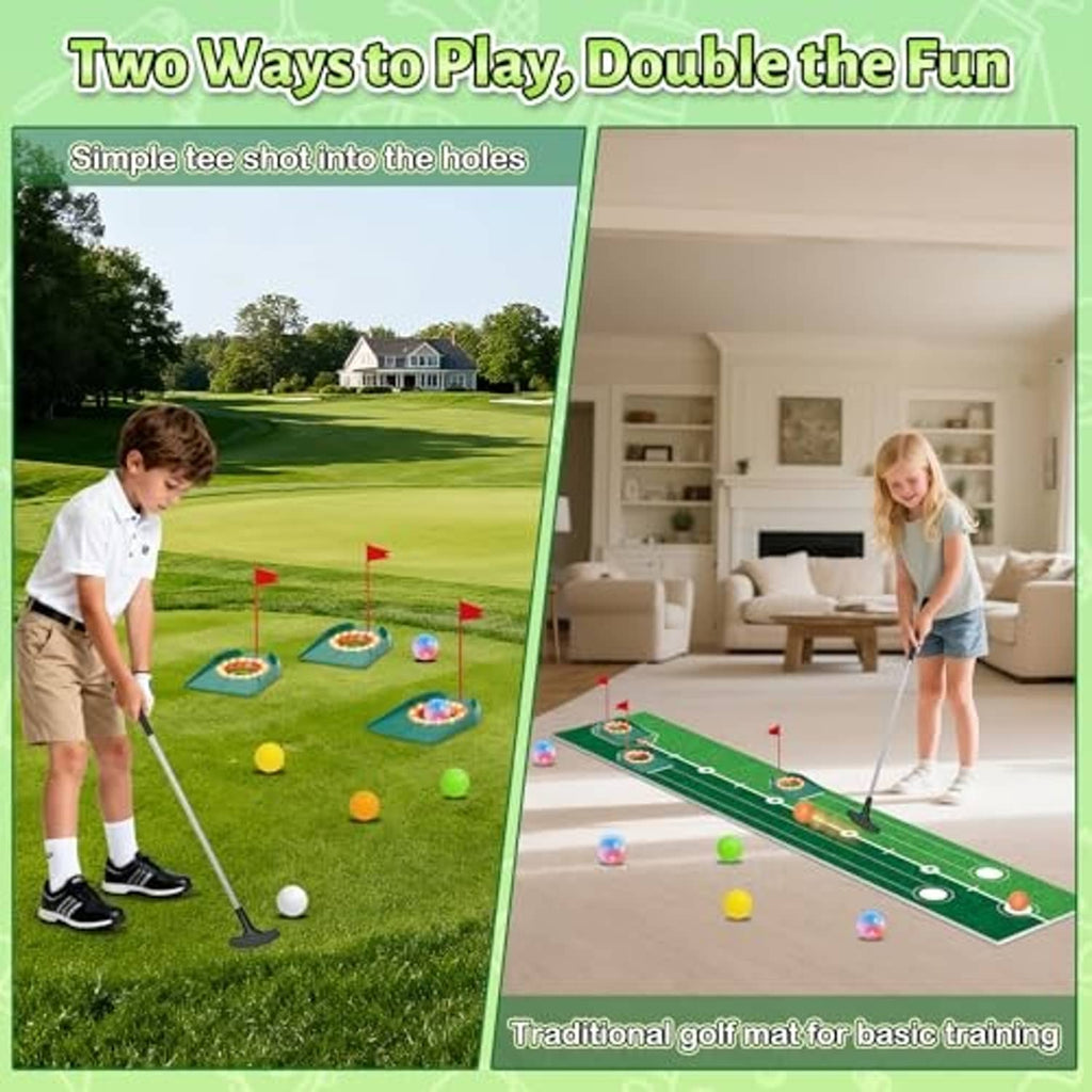 Kids golf putting mat set with putter and round holes for training practice