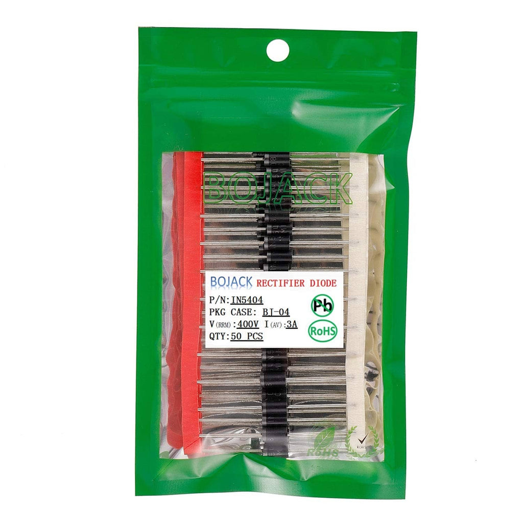 Rectifier diode set in green bag, visible label and axial metal leads.