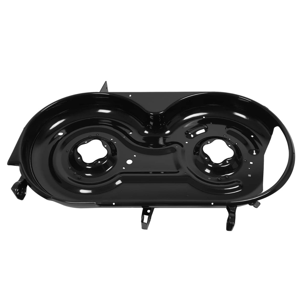 Black zero-turn mower deck shell top with two circular spindle openings
