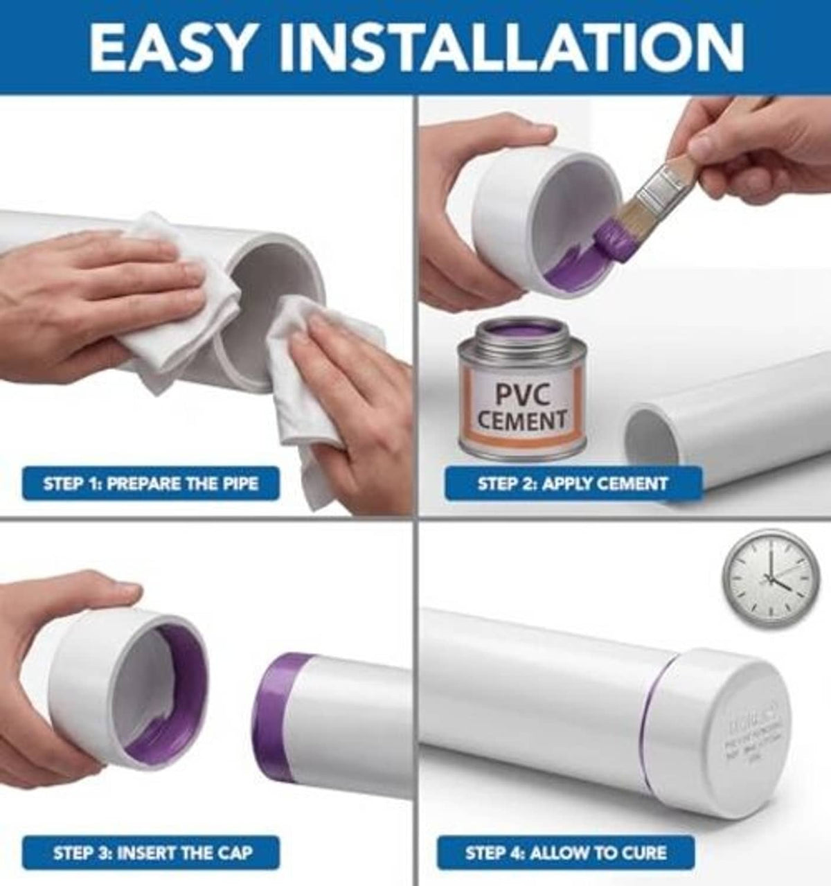 PVC DWV hub end cap installation with hands applying purple PVC cement