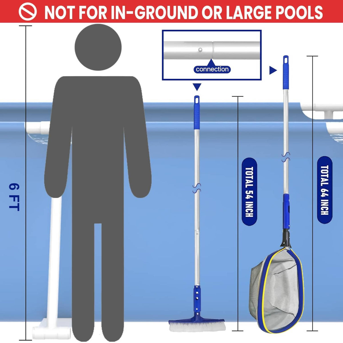 Pool cleaning tool set with adjustable pole and brush net assembly