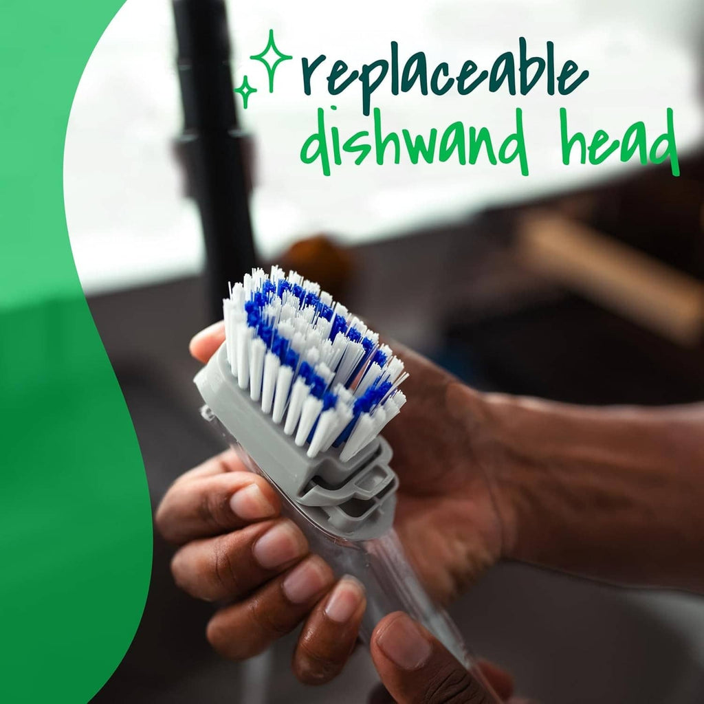 Dish brush with removable head and blue-and-white scrub bristles