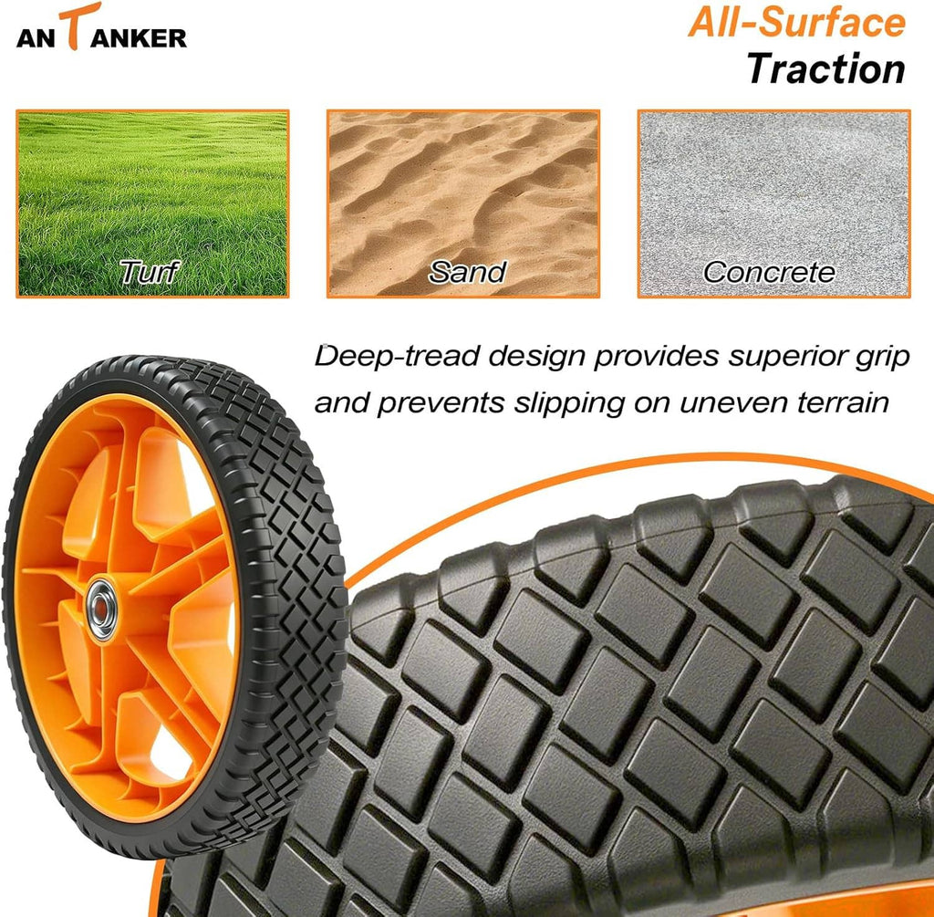 Orange mower wheel with deep-tread black tire for traction on turf, sand, and concrete