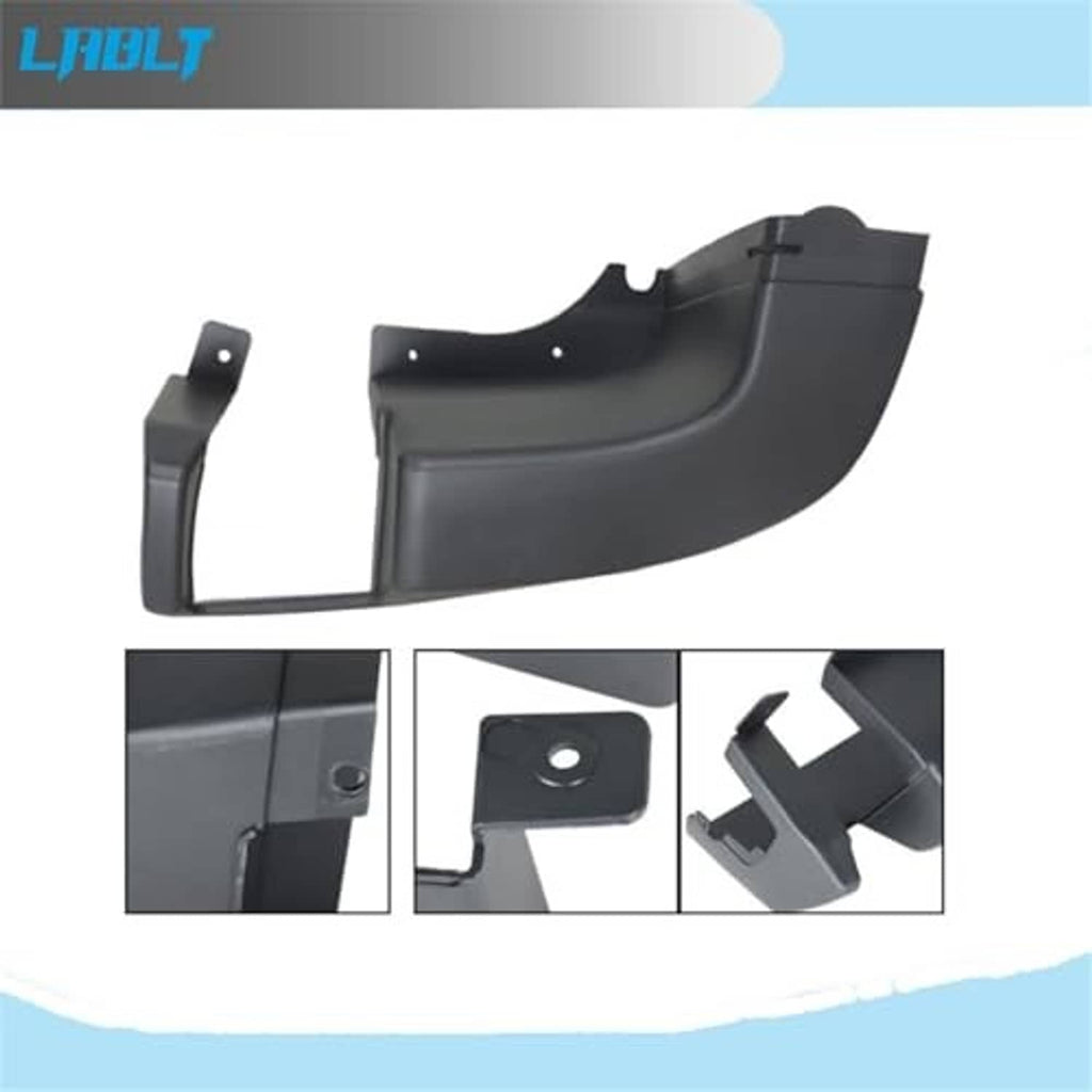 Left rear bumper side end cap cover with cutout and mounting holes, dark gray