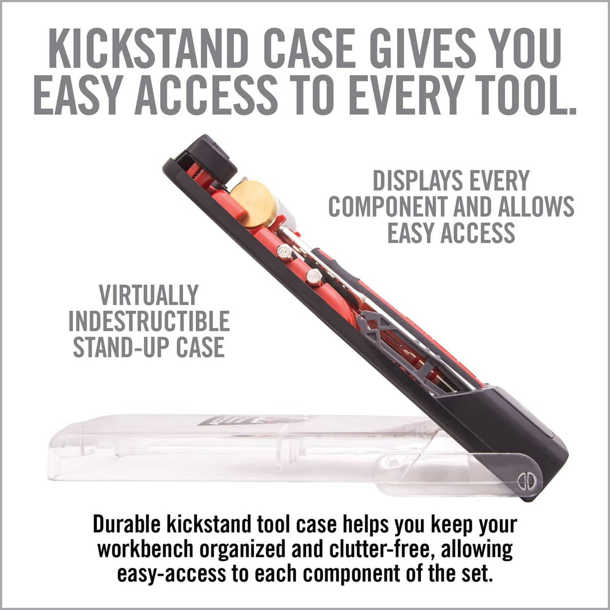 Kickstand pin punch tool case display with tools and components inside
