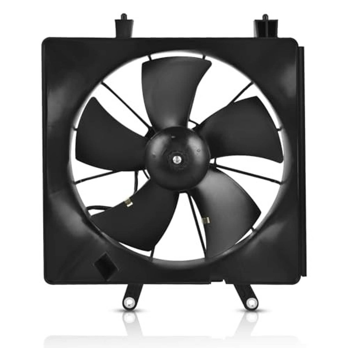 Front view radiator cooling fan assembly with black shroud and circular 5-blade fan
