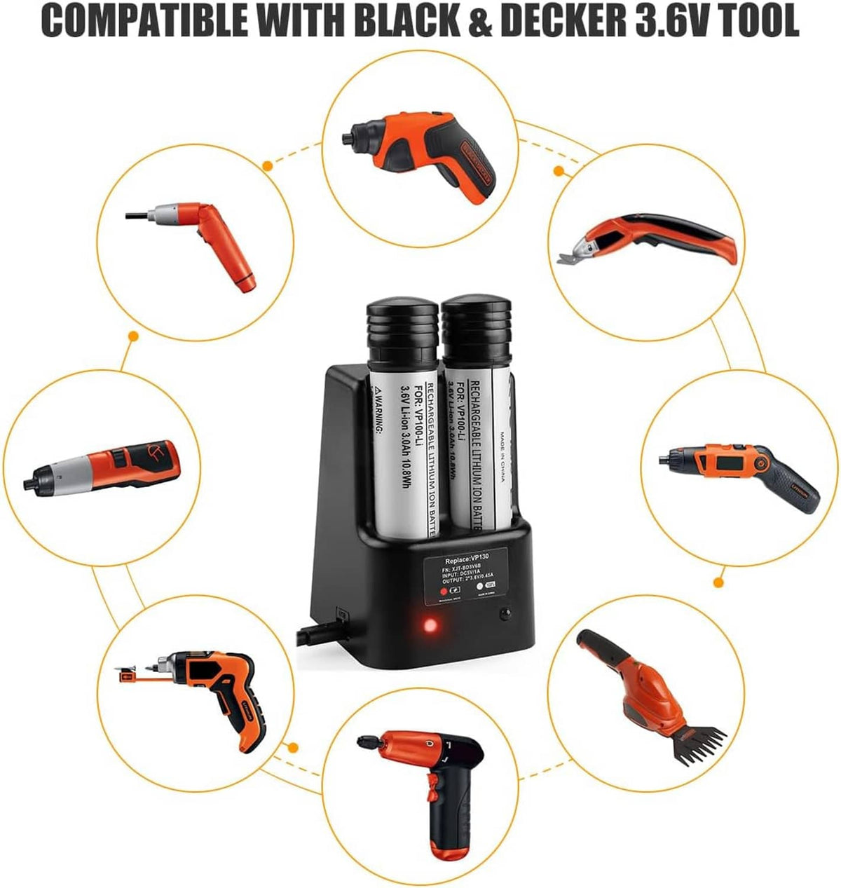 Black charger base holding two 3.6V lithium replacement batteries with indicator light