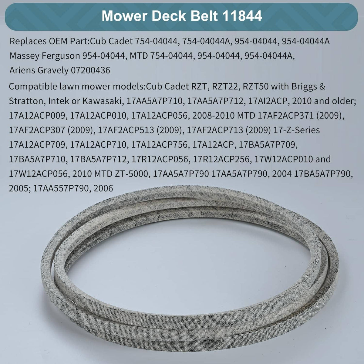 Gray speckled mower deck belt, curved profile, side view.