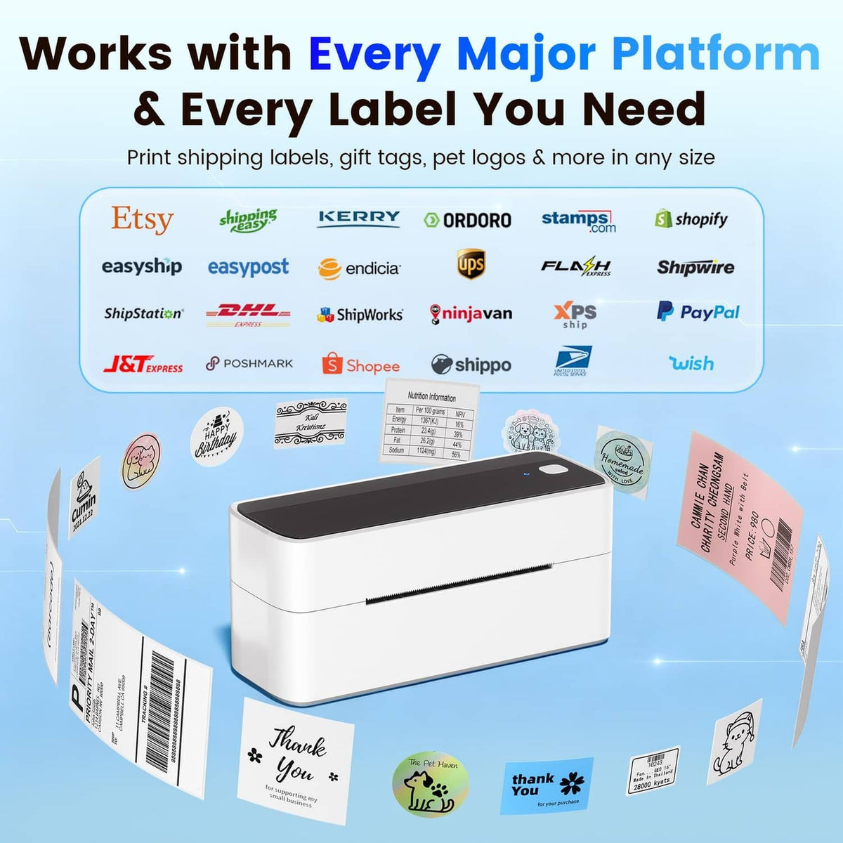 White wireless label printer centered with multiple sample labels around it
