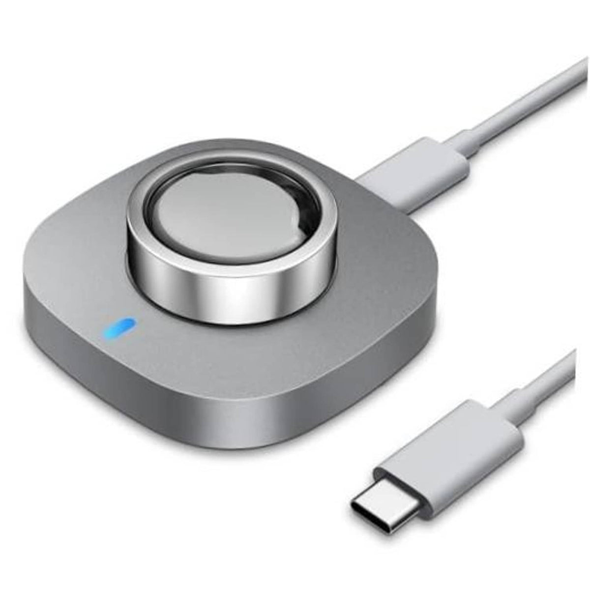 Gray metal smart ring charging dock with circular cradle and USB-C cable